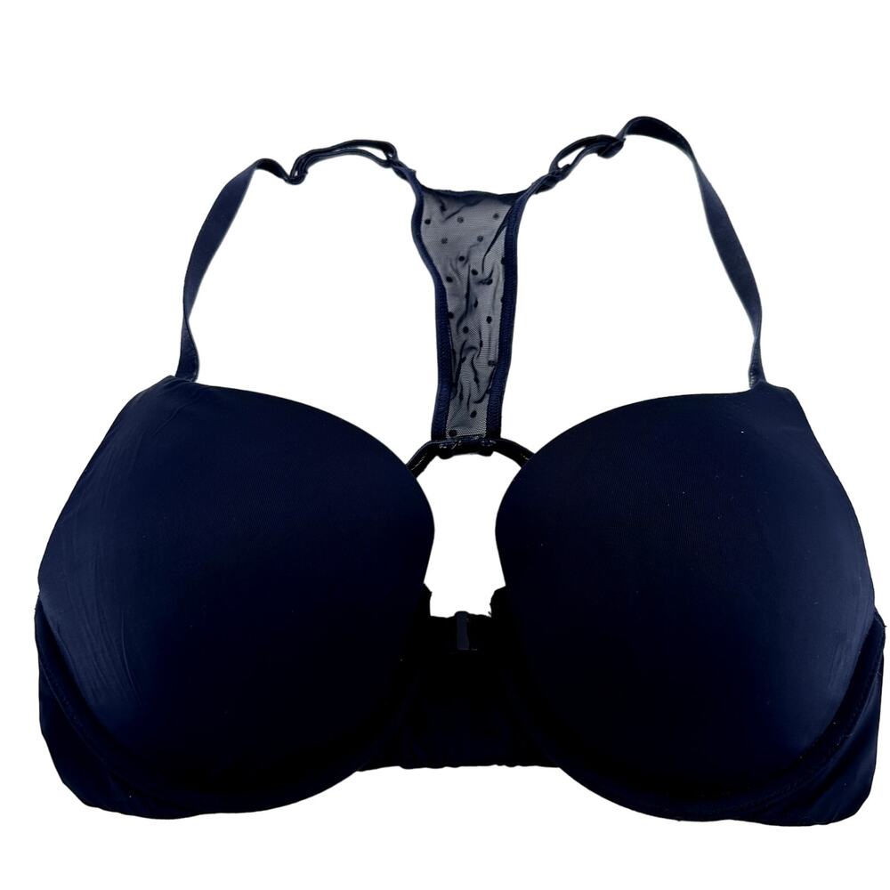 Victoria's Secret Push Up Bra Front Closure Padded Dotted Lace Navy Blue 32D